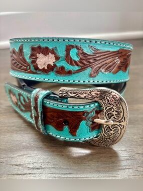 American Bison Genuine Leather,tooled floral,turquoise accents,silvertone buckle Affilare Western Genuine Leather Floral Belt turquoise Buck  main image 3